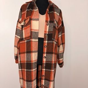 Long Shacket Button-Up with Pockets Orange/Brown/Tan XS